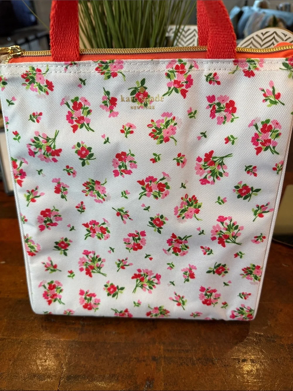 kate spade White Floral Lunch Bag with Coral Accents